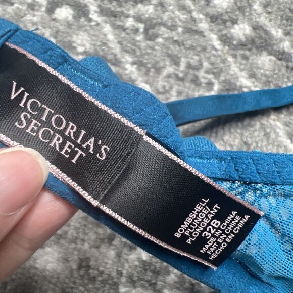 Victorias Secret Teal Blue Bombshell Plunge Bra 32B Padded Push Up Beaded Lace - Picture 4 of 6